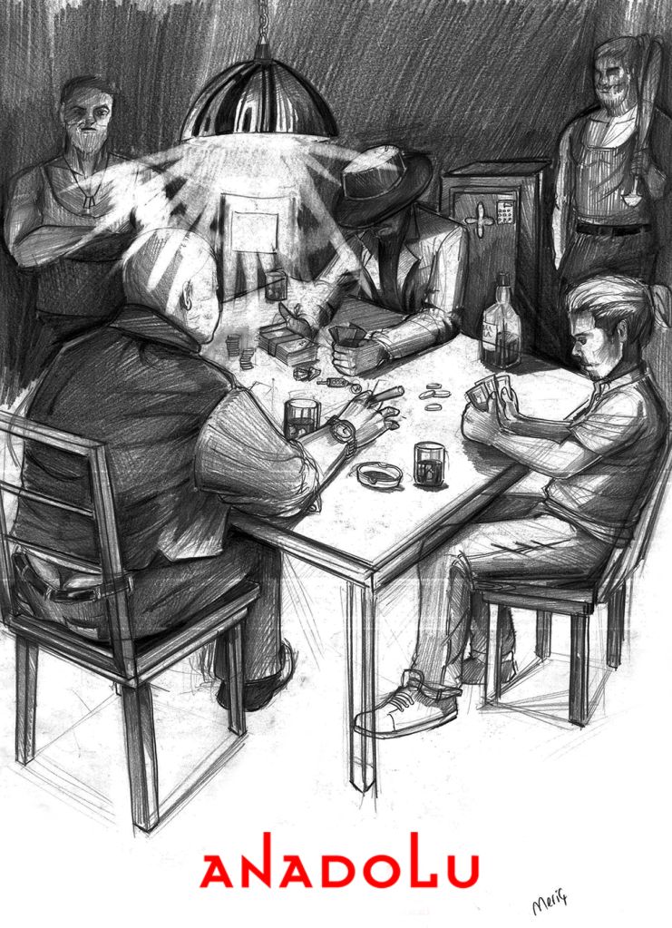 İmgesel karakalem kahvede oyun oynayanlar İzmir